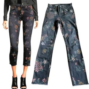 7 For All Mankind Floral Print Jeans Sz 26 Dark Wash Boho Stretch Denim Cropped